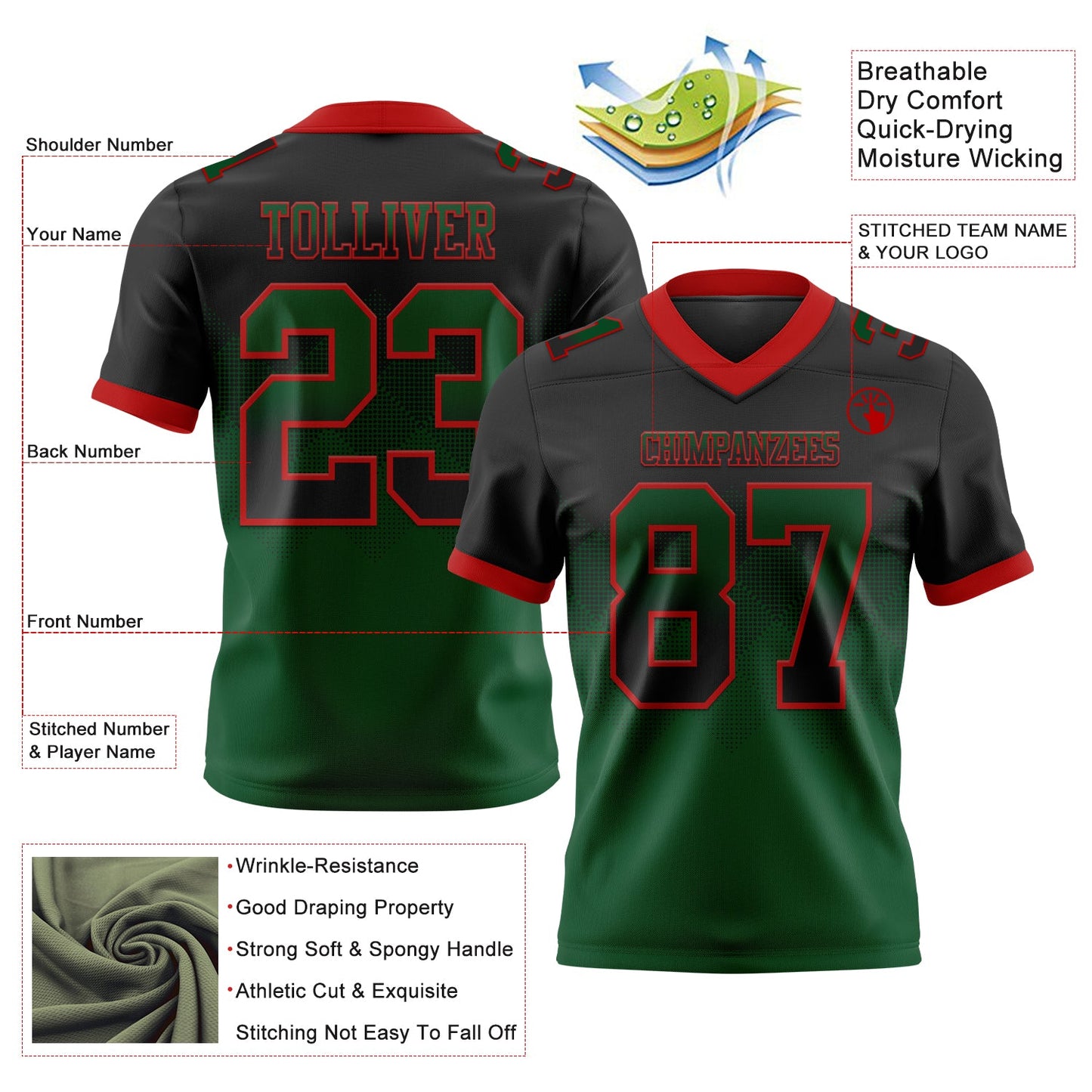 Custom Black Green-Red Authentic Gradient Square Shape 7V7 Flag Football Jersey