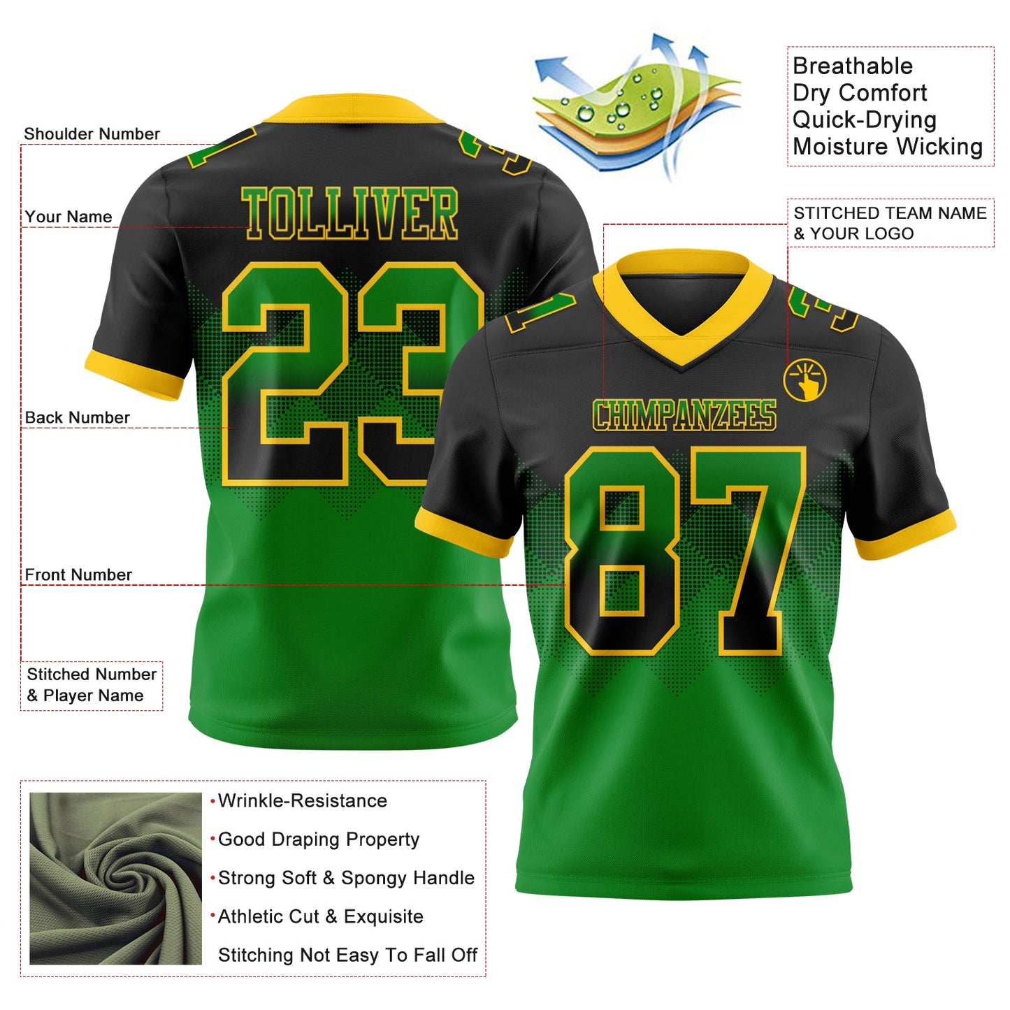 Custom Black Grass Green-Yellow Authentic Gradient Square Shape 7V7 Flag Football Jersey