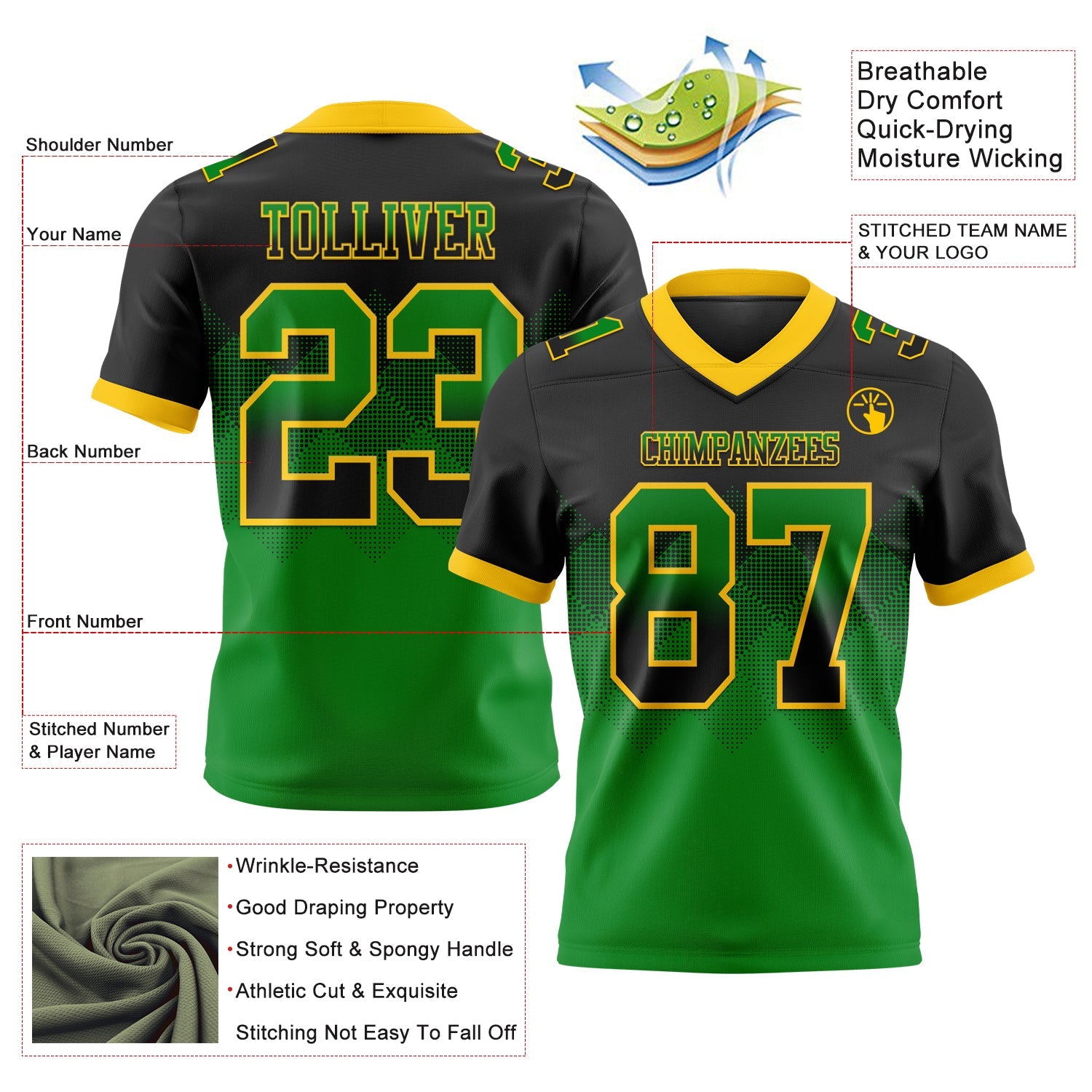 Custom Black Grass Green-Yellow Authentic Gradient Square Shape 7V7 Flag Football Jersey
