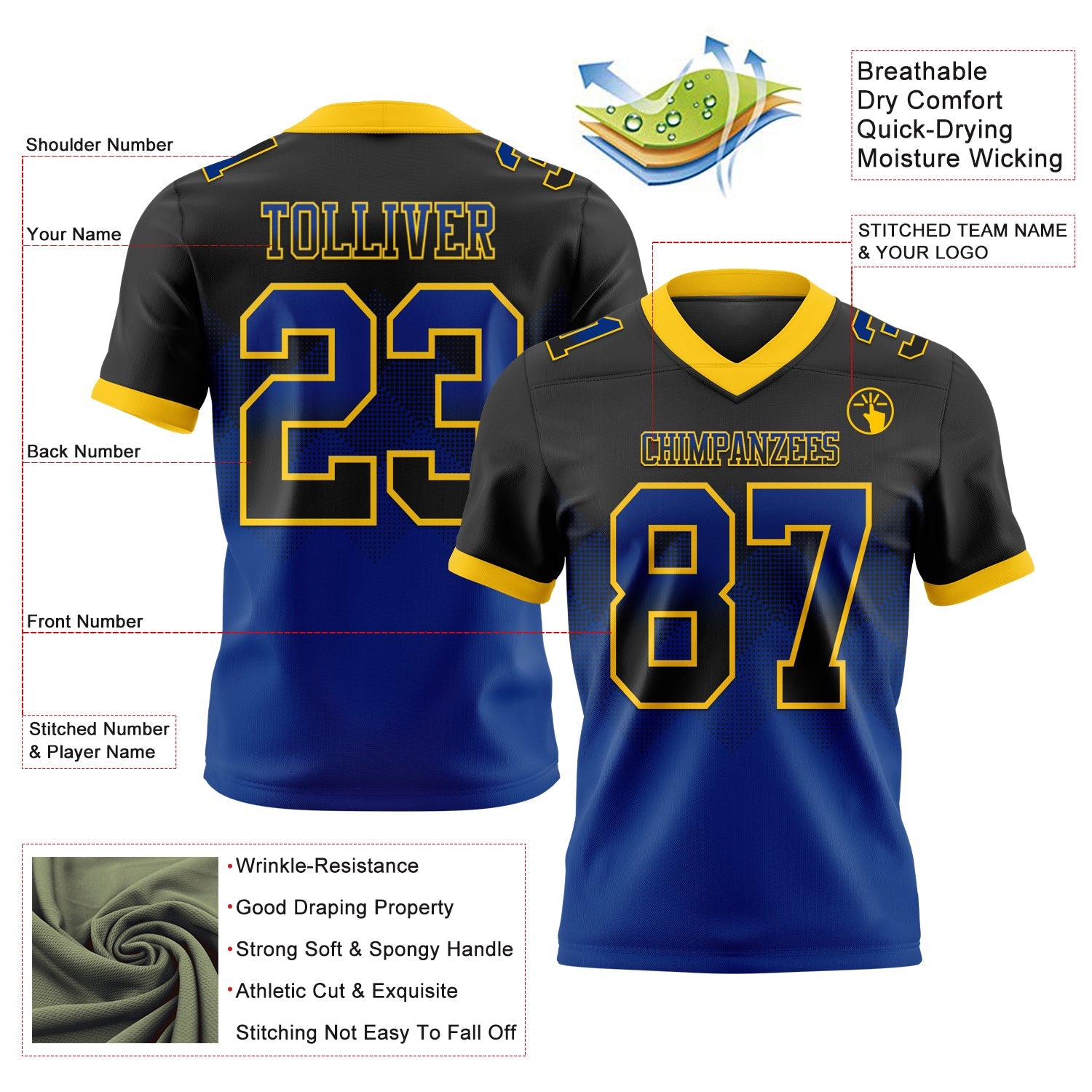 Custom Black Royal-Yellow Authentic Gradient Square Shape 7V7 Flag Football Jersey