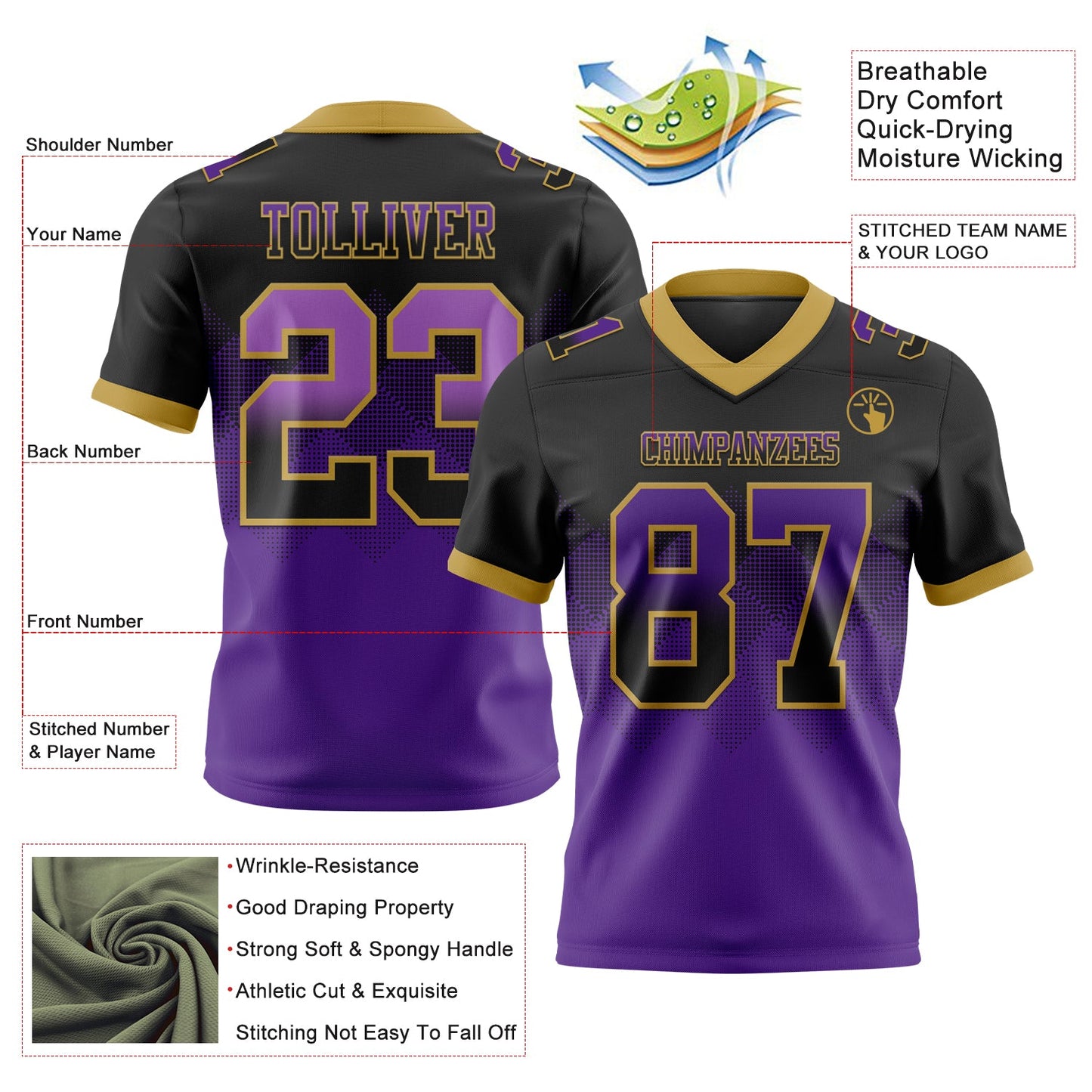 Custom Black Purple-Old Gold Authentic Gradient Square Shape 7V7 Flag Football Jersey
