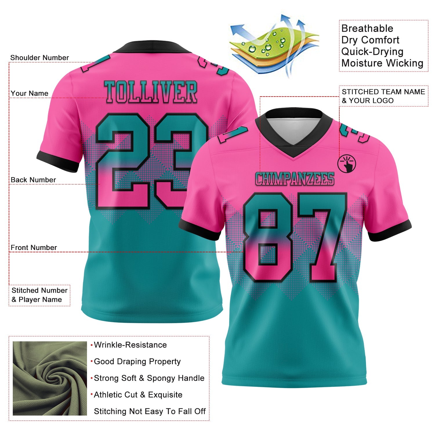 Custom Pink Teal-Black Authentic Gradient Square Shape 7V7 Flag Football Jersey