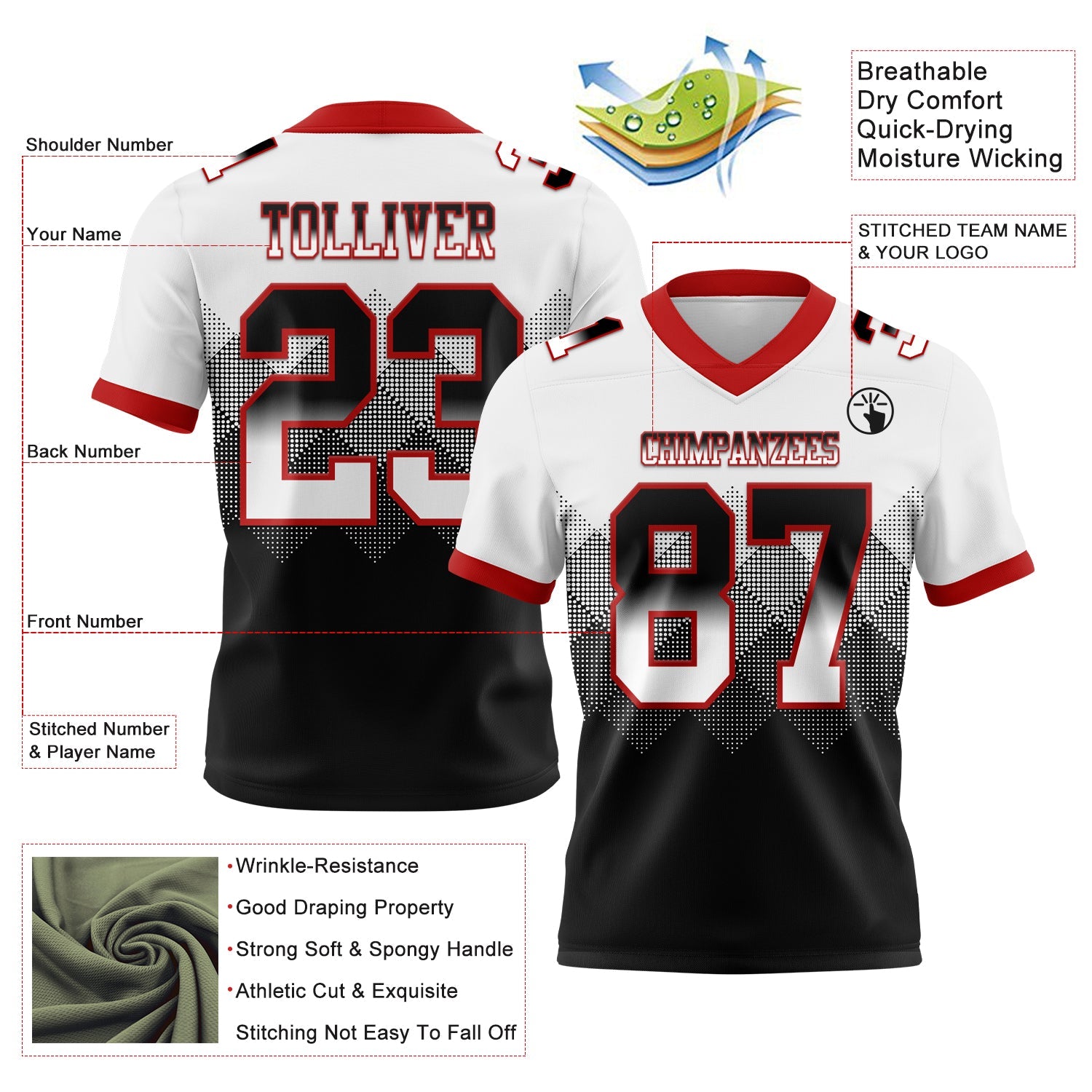 Custom White Black-Red Authentic Gradient Square Shape 7V7 Flag Football Jersey