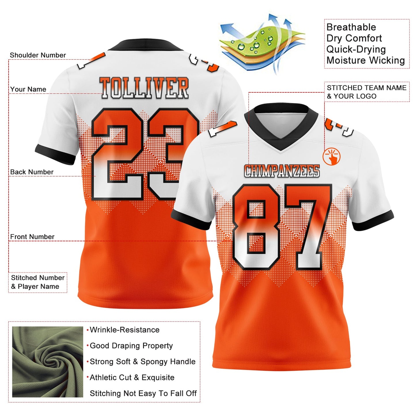 Custom White Orange-Black Authentic Gradient Square Shape 7V7 Flag Football Jersey