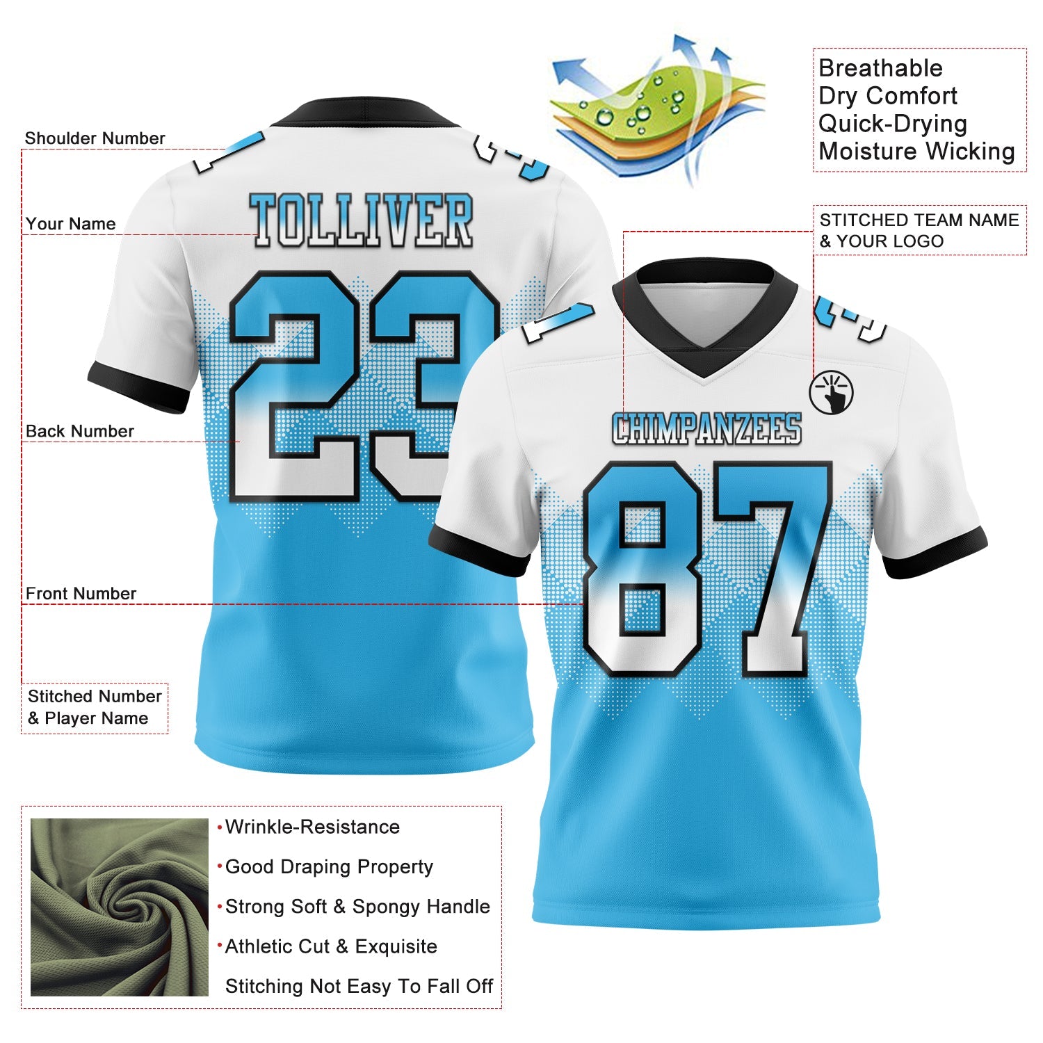 Custom White Sky Blue-Black Authentic Gradient Square Shape 7V7 Flag Football Jersey