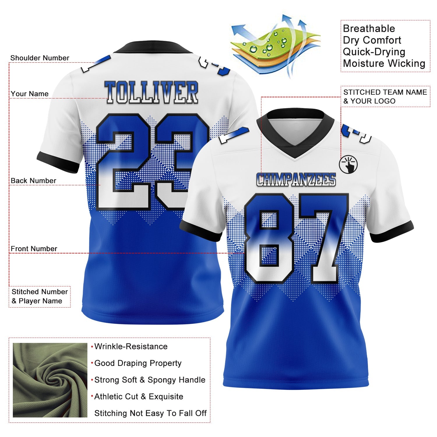 Custom White Thunder Blue-Black Authentic Gradient Square Shape 7V7 Flag Football Jersey