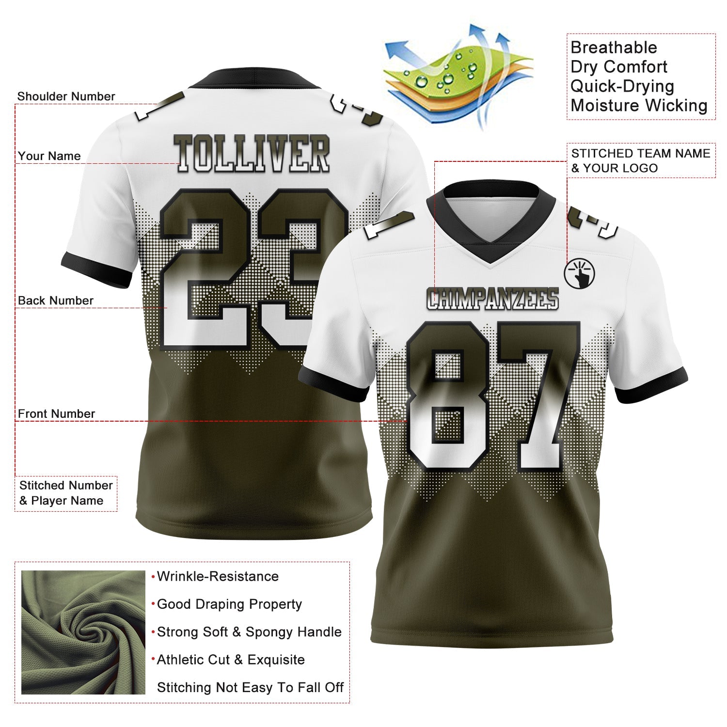 Custom White Olive-Black Authentic Gradient Square Shape 7V7 Flag Football Jersey