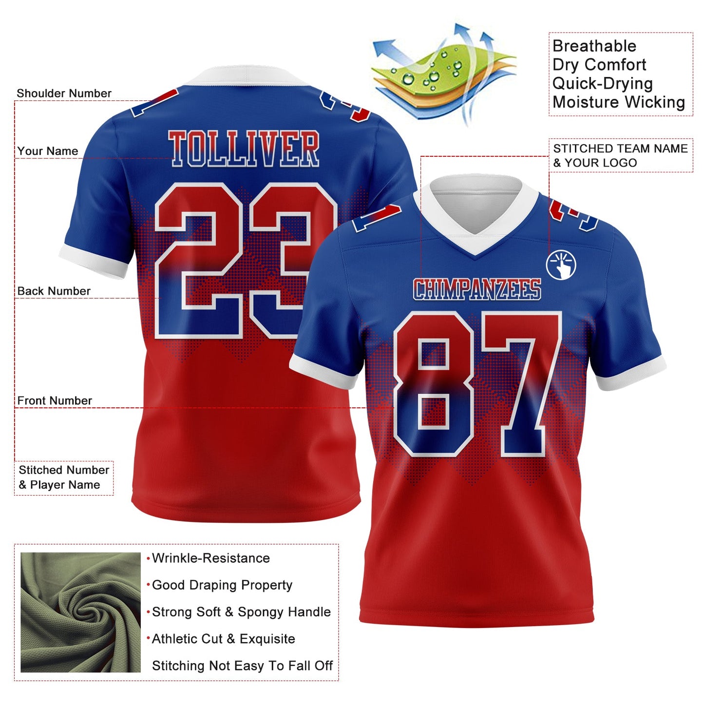 Custom Royal Red-White Authentic Gradient Square Shape 7V7 Flag Football Jersey