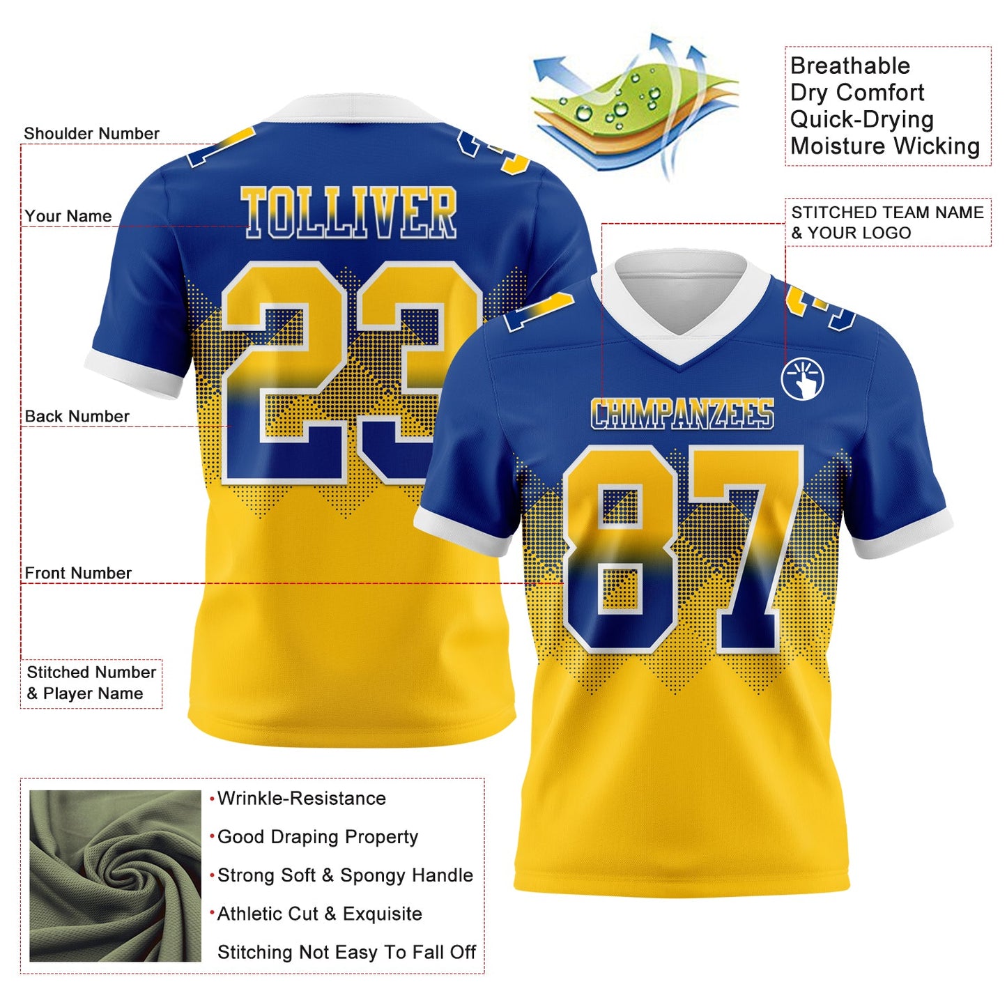 Custom Royal Yellow-White Authentic Gradient Square Shape 7V7 Flag Football Jersey