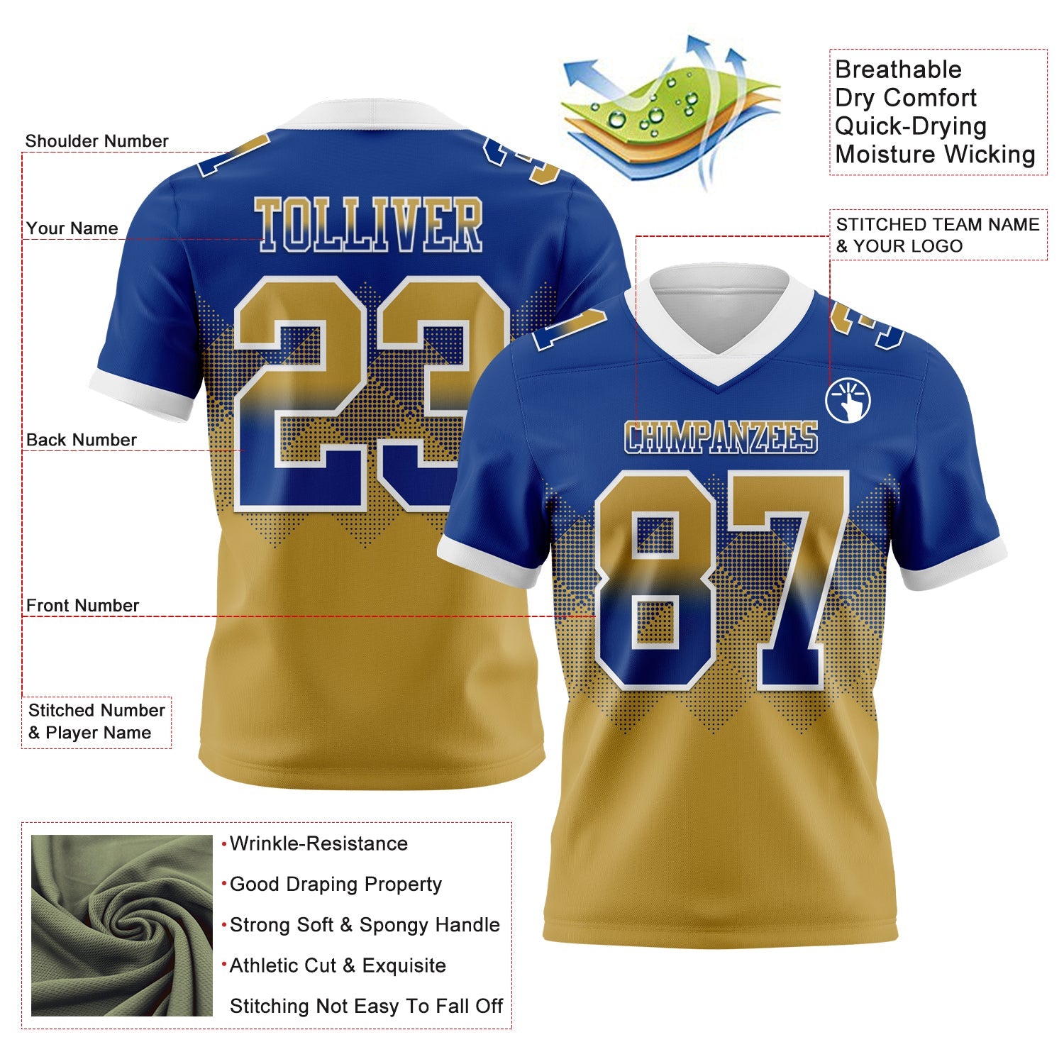 Custom Royal Old Gold-White Authentic Gradient Square Shape 7V7 Flag Football Jersey