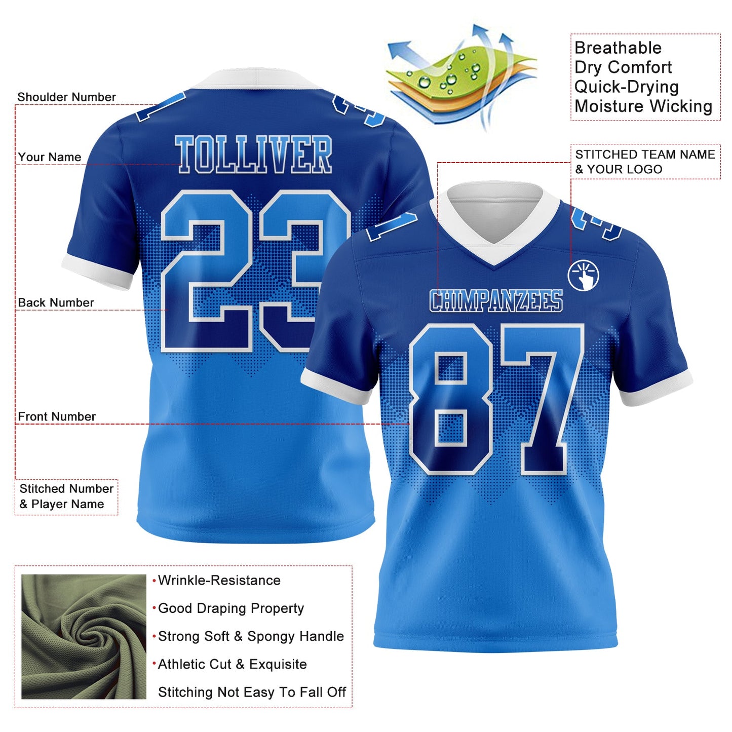 Custom Royal Powder Blue-White Authentic Gradient Square Shape 7V7 Flag Football Jersey