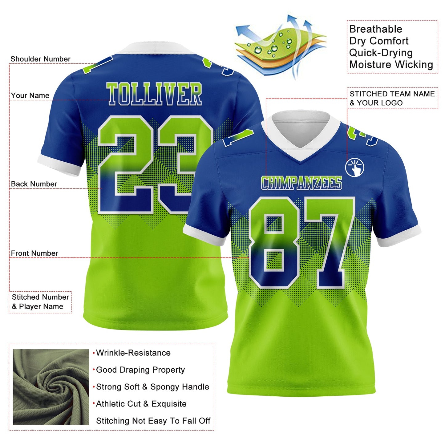 Custom Royal Neon Green-White Authentic Gradient Square Shape  7V7 Flag Football Jersey