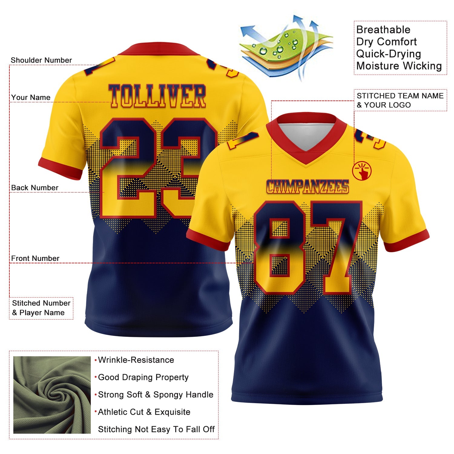 Custom Yellow Navy-Red Authentic Gradient Square Shape 7V7 Flag Football Jersey