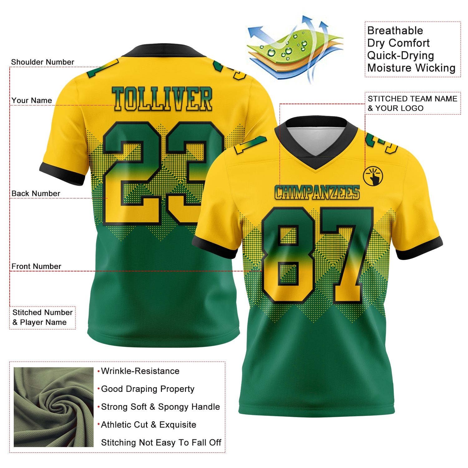 Custom Yellow Kelly Green-Black Authentic Gradient Square Shape 7V7 Flag Football Jersey