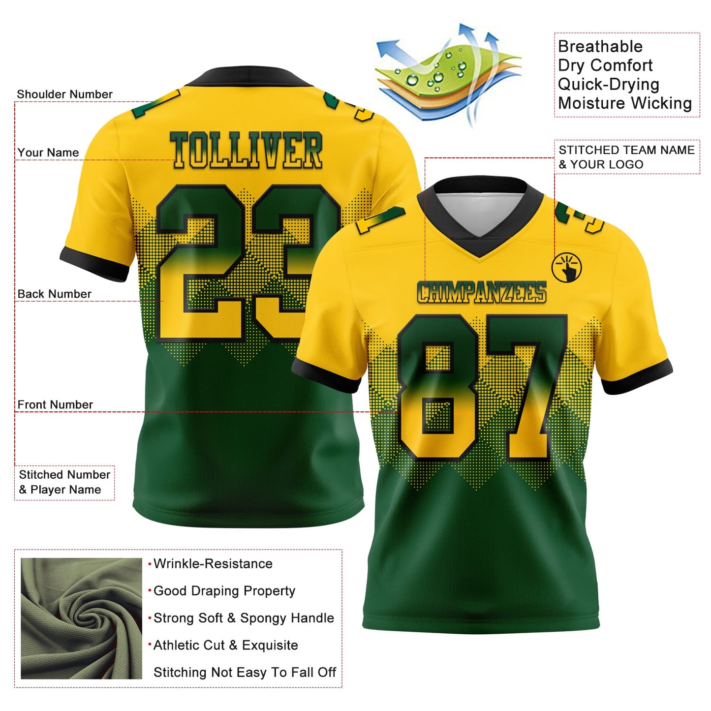 Custom Yellow Green-Black Authentic Gradient Square Shape 7V7 Flag Football Jersey