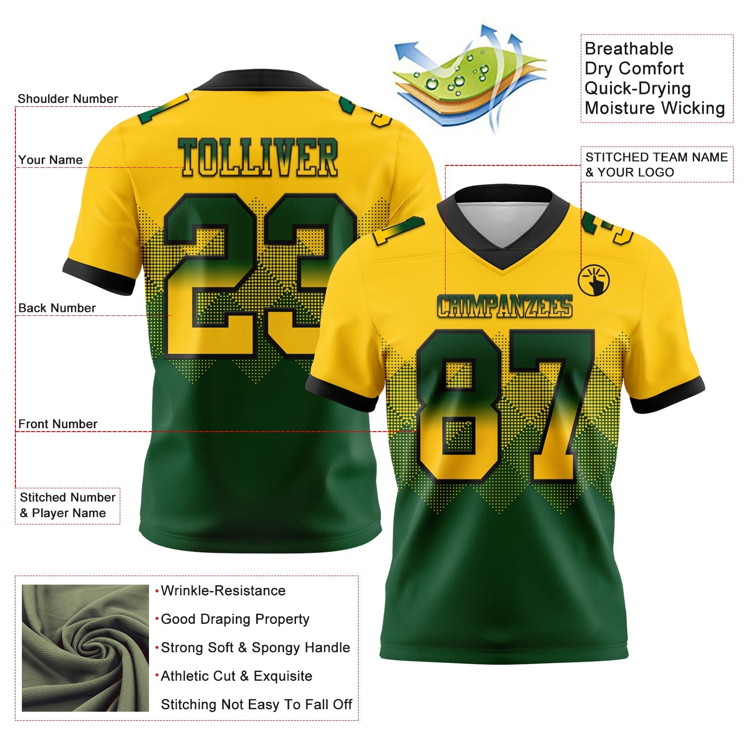Custom Yellow Green-Black Authentic Gradient Square Shape 7V7 Flag Football Jersey