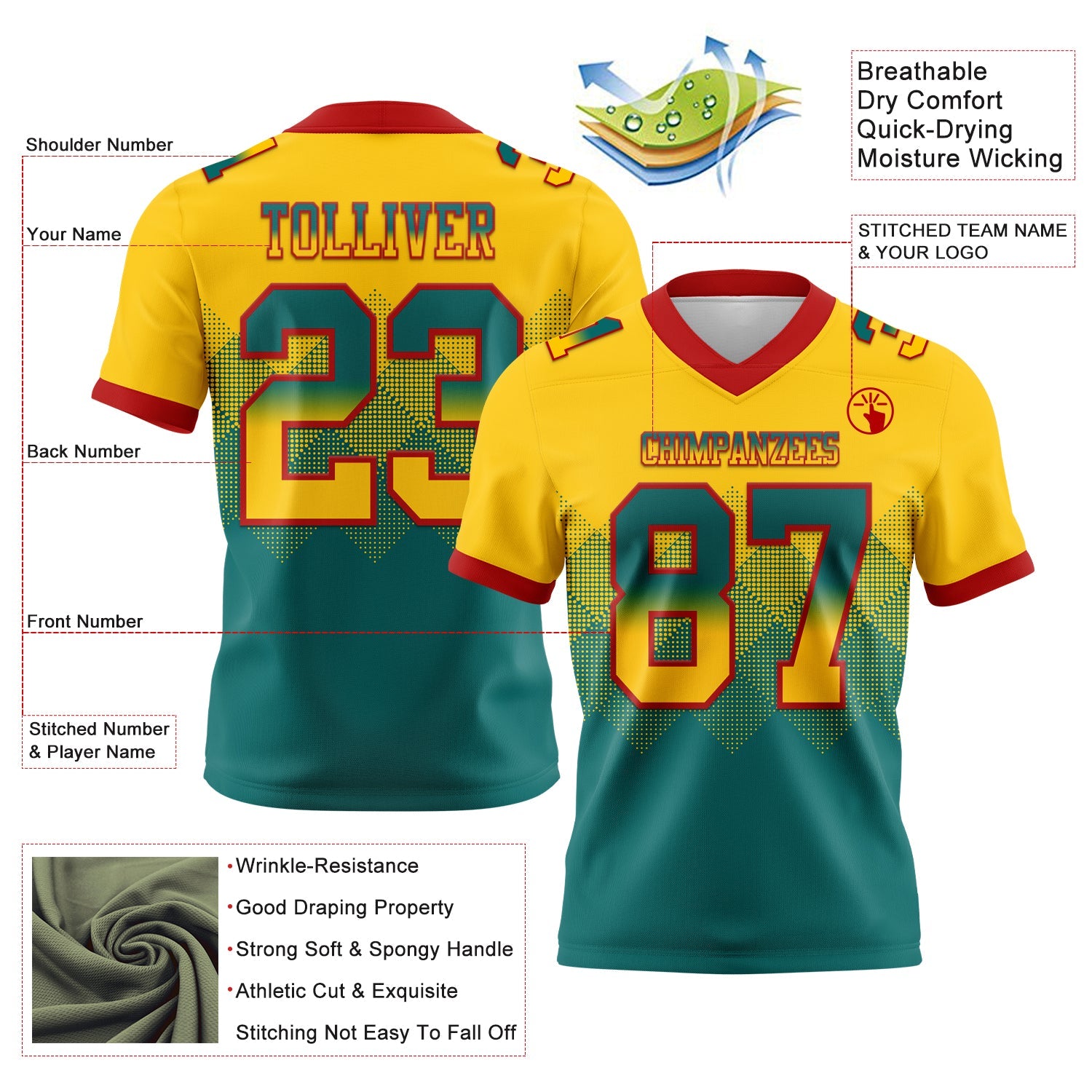 Custom Yellow Teal-Red Authentic Gradient Square Shape 7V7 Flag Football Jersey