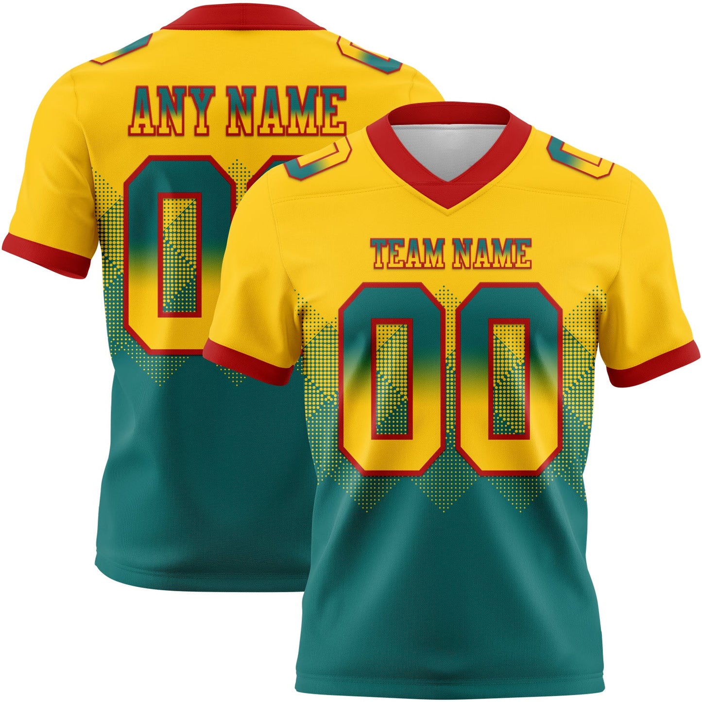 Custom Yellow Teal-Red Authentic Gradient Square Shape 7V7 Flag Football Jersey