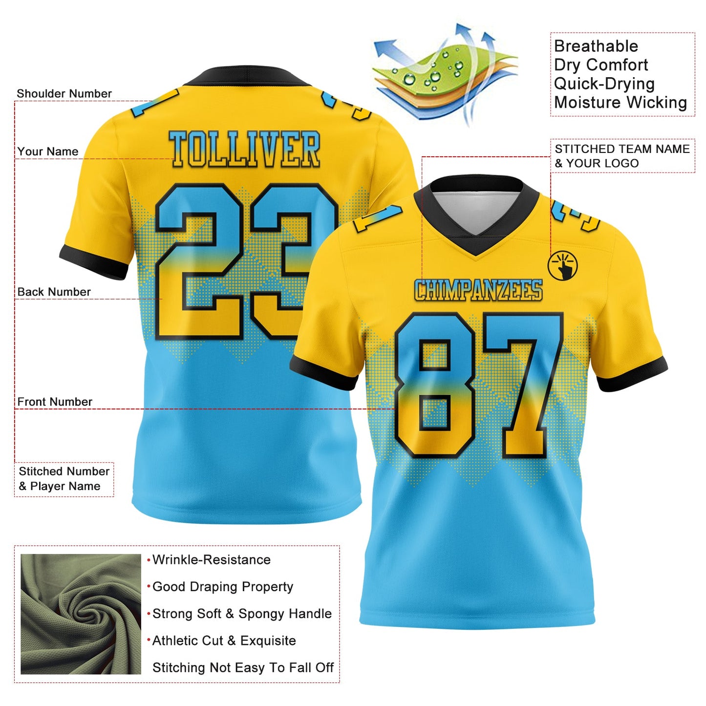 Custom Yellow Sky Blue-Black Authentic Gradient Square Shape 7V7 Flag Football Jersey