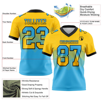 Custom Yellow Sky Blue-Black Authentic Gradient Square Shape 7V7 Flag Football Jersey