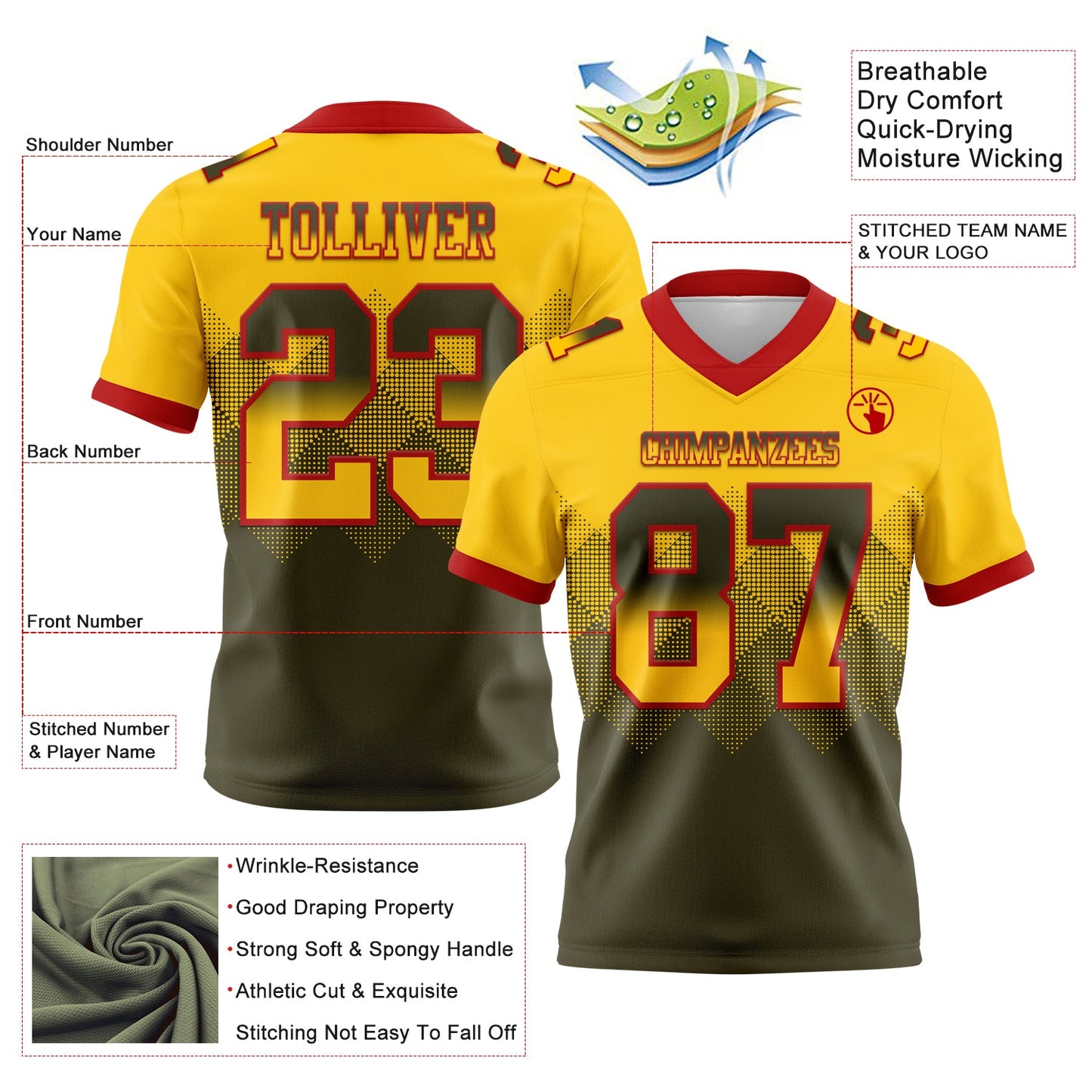 Custom Yellow Olive-Red Authentic Gradient Square Shape 7V7 Flag Football Jersey