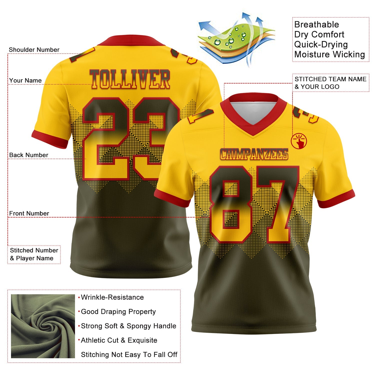 Custom Yellow Olive-Red Authentic Gradient Square Shape 7V7 Flag Football Jersey