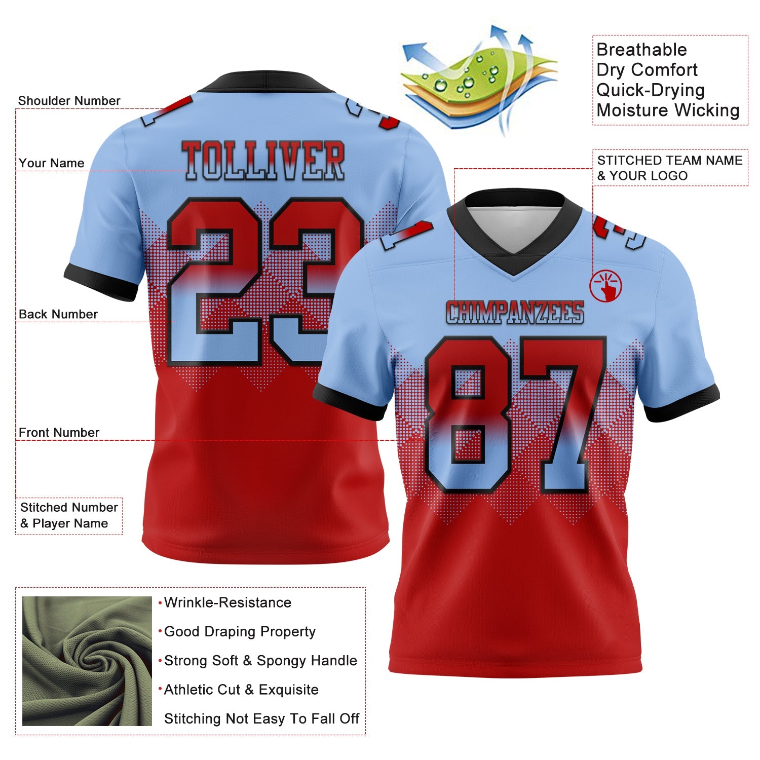 Custom Light Blue Red-Black Authentic Gradient Square Shape 7V7 Flag Football Jersey