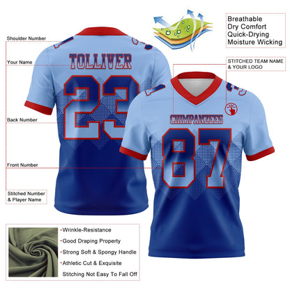Custom Light Blue Royal-Red Authentic Gradient Square Shape 7V7 Flag Football Jersey