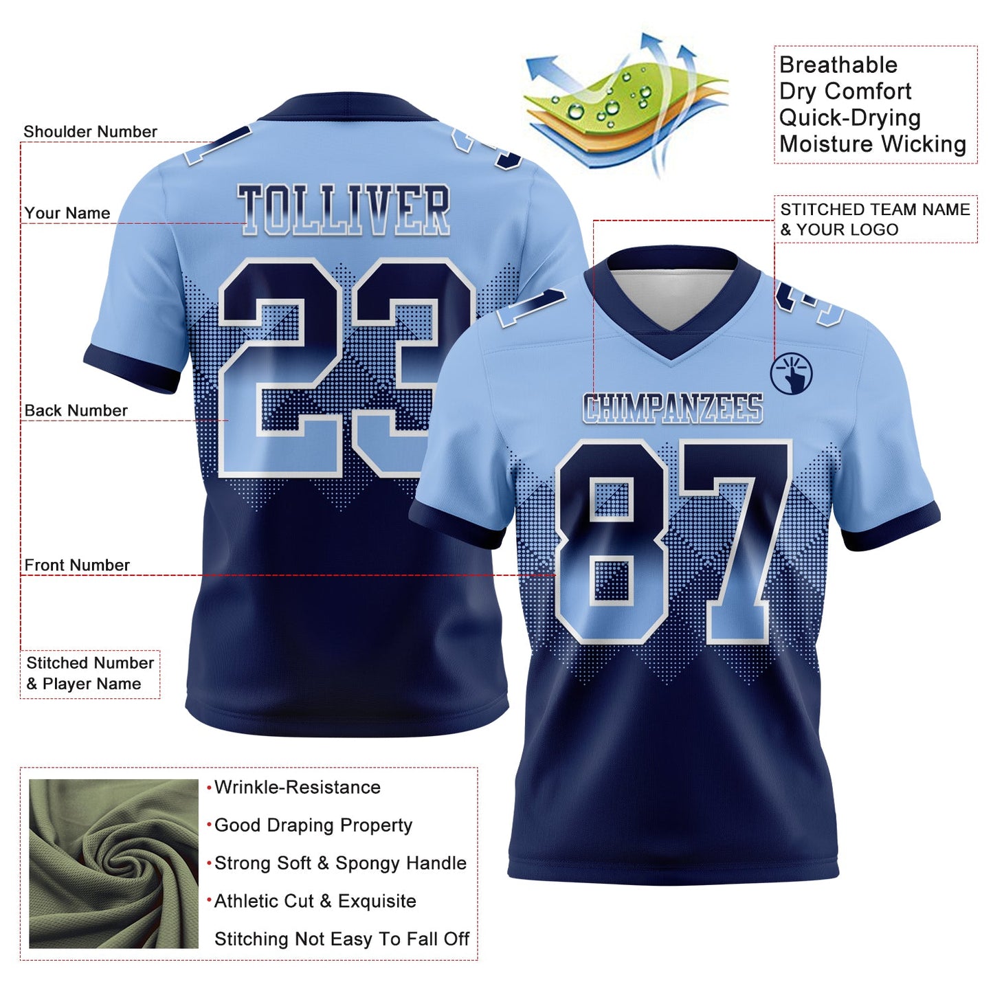 Custom Light Blue Navy-White Authentic Gradient Square Shape 7V7 Flag Football Jersey