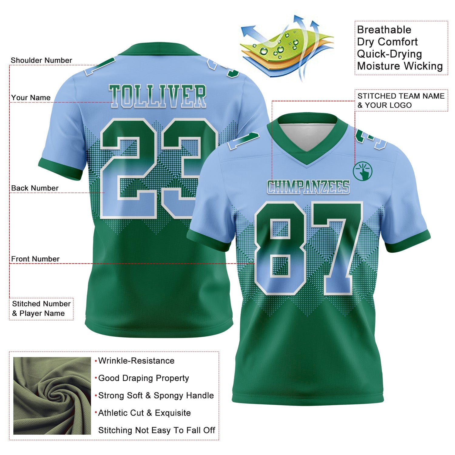 Custom Light Blue Kelly Green-White Authentic Gradient Square Shape 7V7 Flag Football Jersey