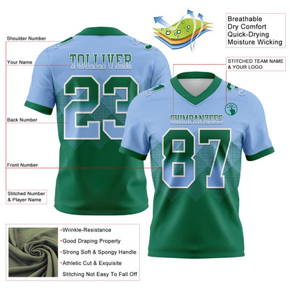 Custom Light Blue Kelly Green-White Authentic Gradient Square Shape 7V7 Flag Football Jersey