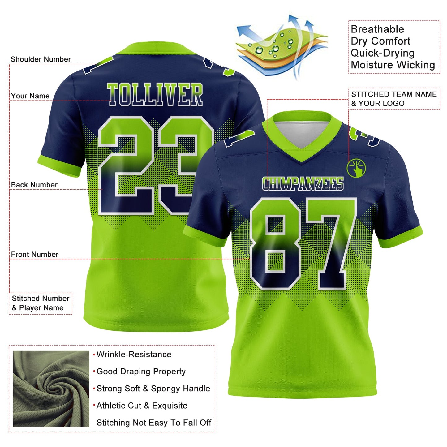 Custom Navy Neon Green-White Authentic Gradient Square Shape 7V7 Flag Football Jersey