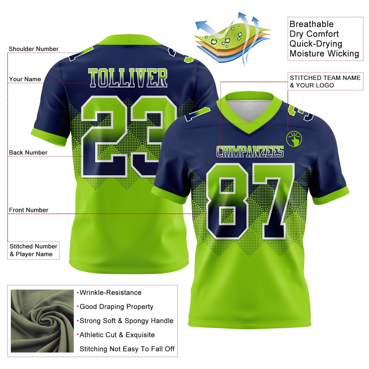 Custom Navy Neon Green-White Authentic Gradient Square Shape 7V7 Flag Football Jersey