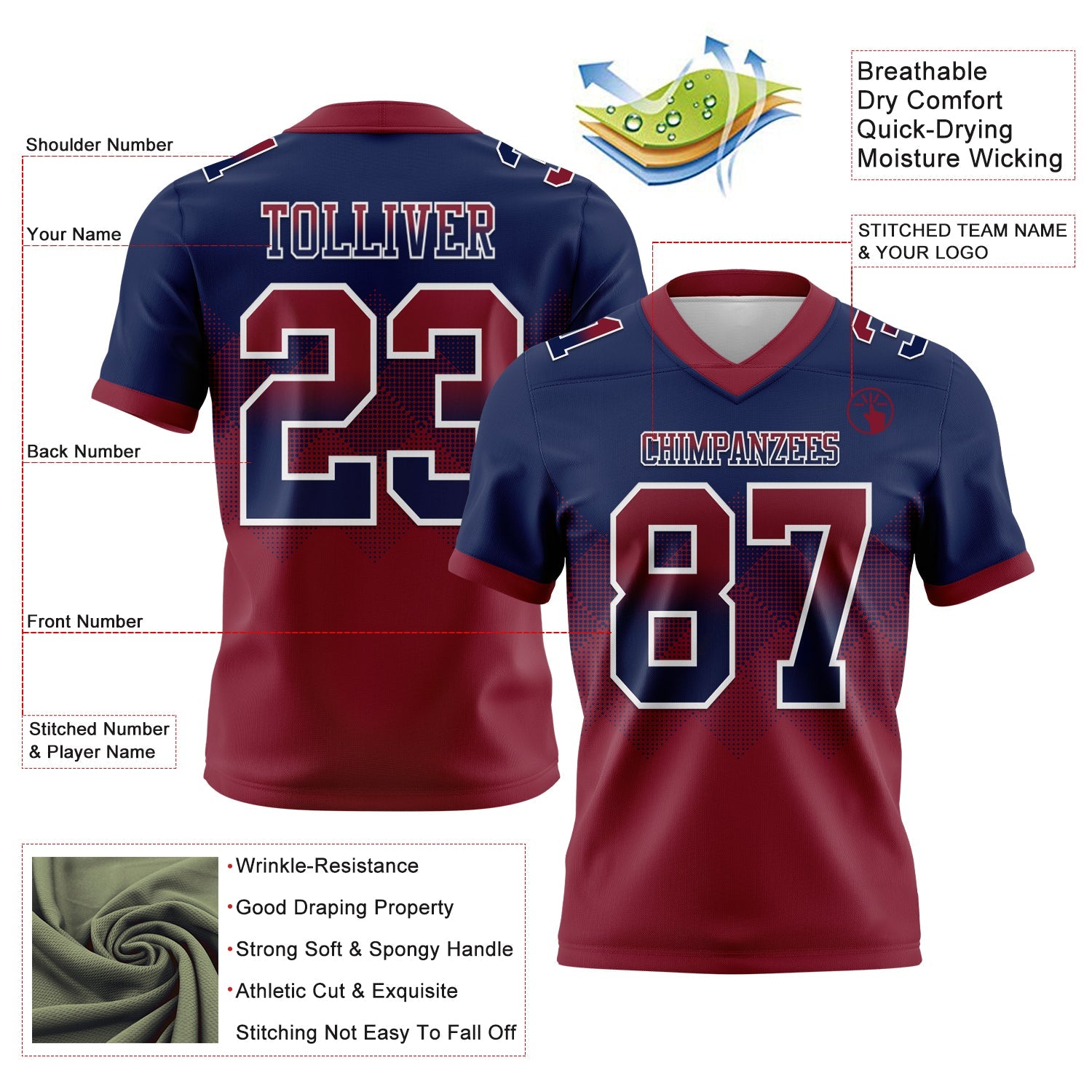 Custom Navy Crimson-White Authentic Gradient Square Shape 7V7 Flag Football Jersey