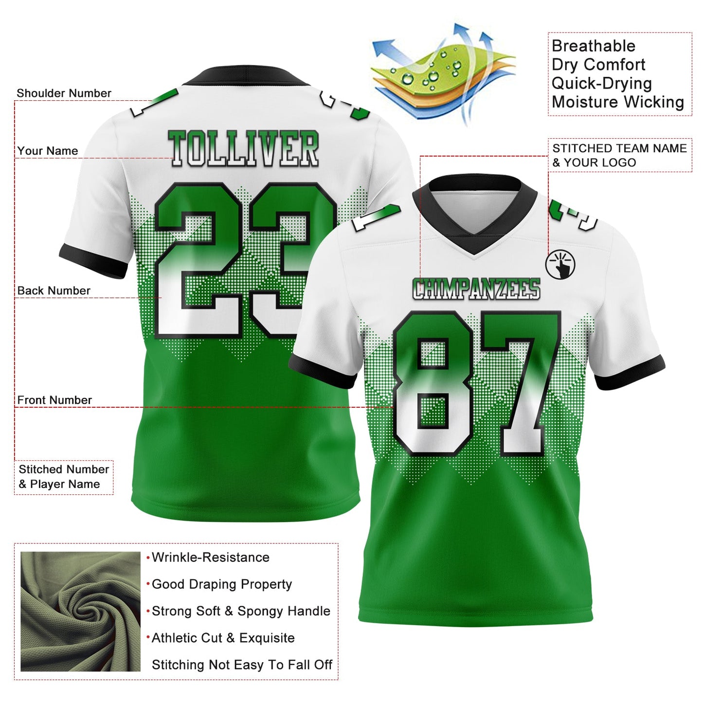 Custom White Grass Green-Black Authentic Gradient Square Shape 7V7 Flag Football Jersey