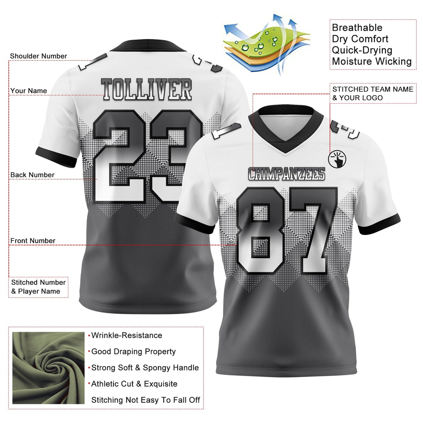 Custom White Steel Gray-Black Authentic Gradient Square Shape 7V7 Flag Football Jersey