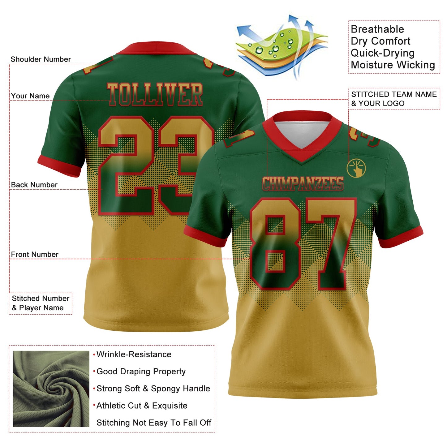 Custom Green Old Gold-Red Authentic Gradient Square Shape 7V7 Flag Football Jersey