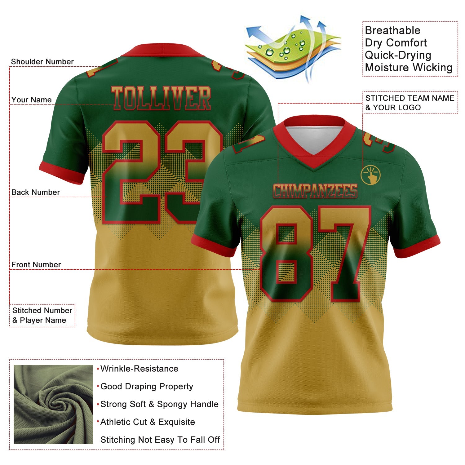 Custom Green Old Gold-Red Authentic Gradient Square Shape 7V7 Flag Football Jersey