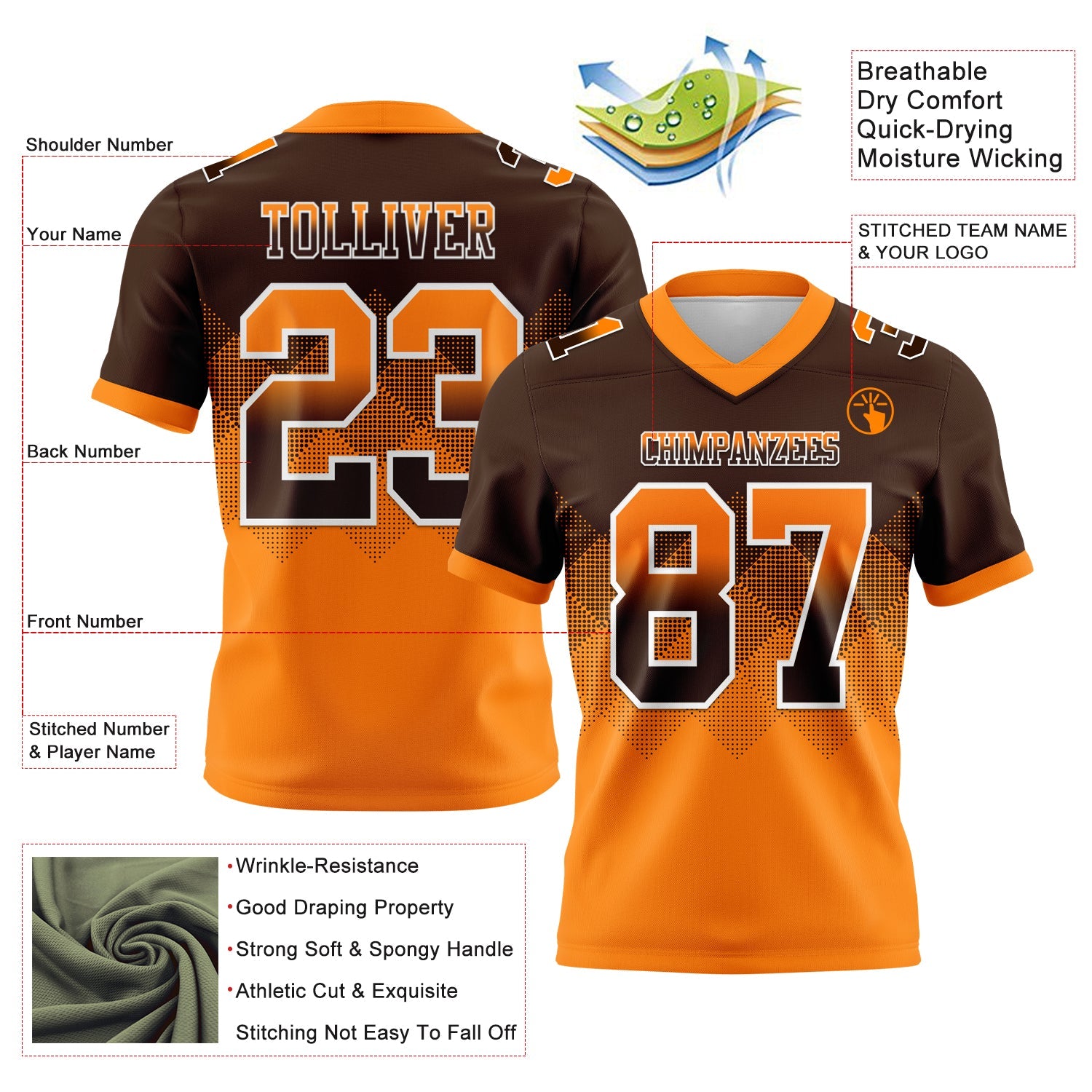 Custom Brown Orange-White Authentic Gradient Square Shape 7V7 Flag Football Jersey