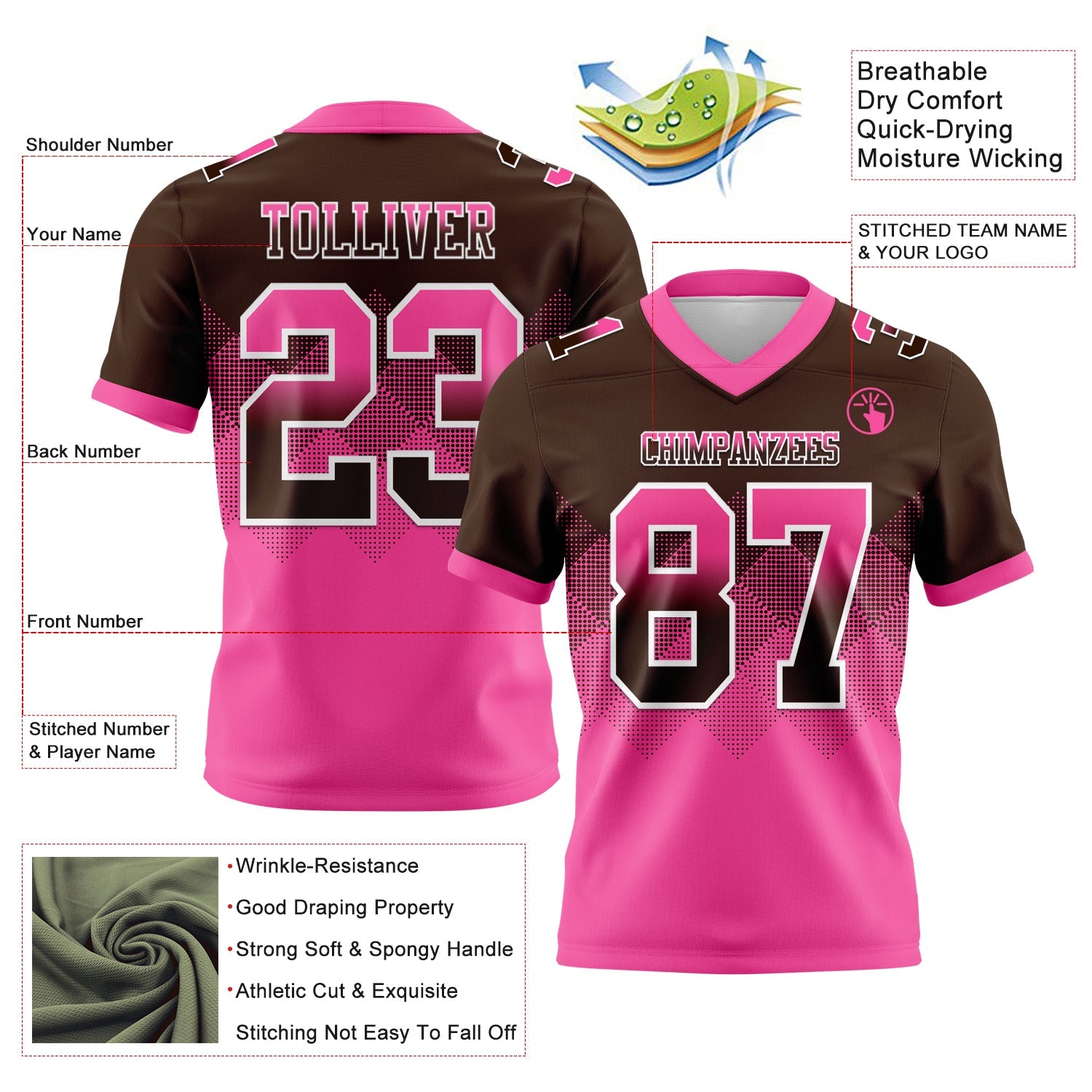 Custom Brown Pink-White Authentic Gradient Square Shape 7V7 Flag Football Jersey