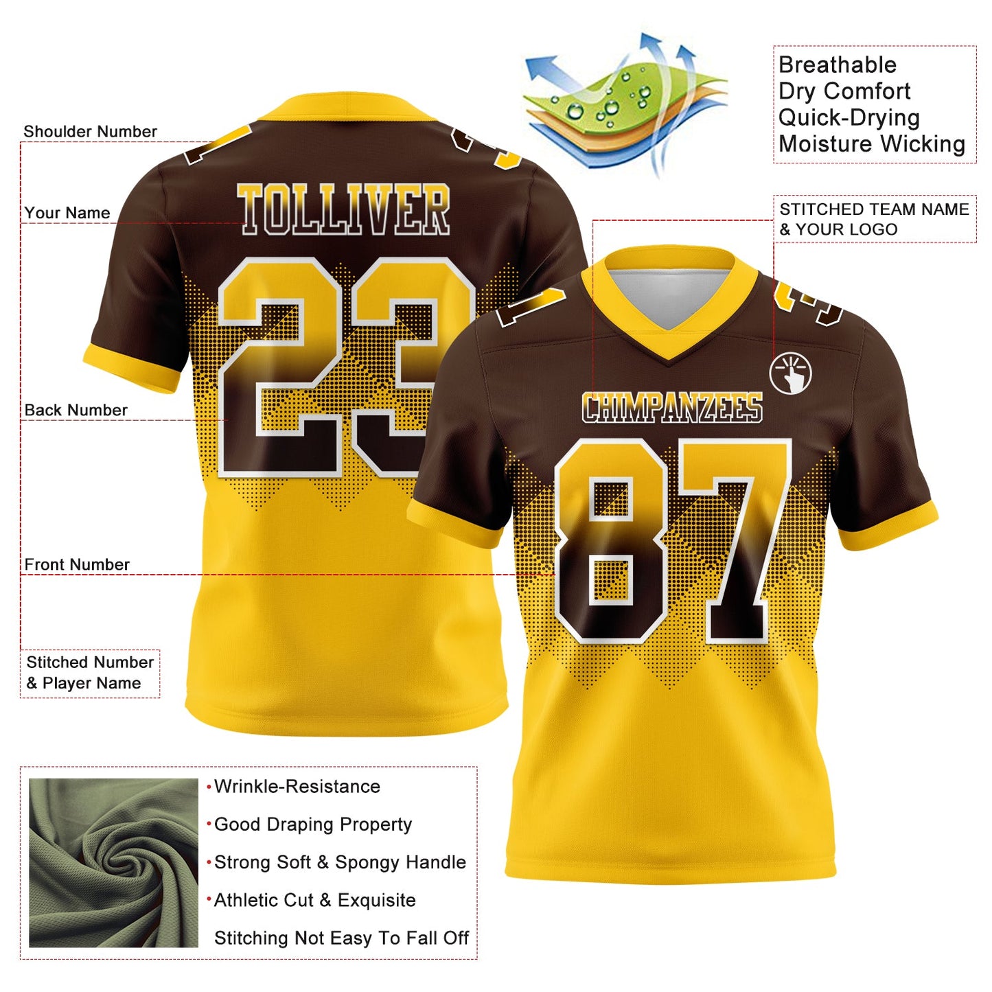 Custom Brown Yellow-White Authentic Gradient Square Shape 7V7 Flag Football Jersey