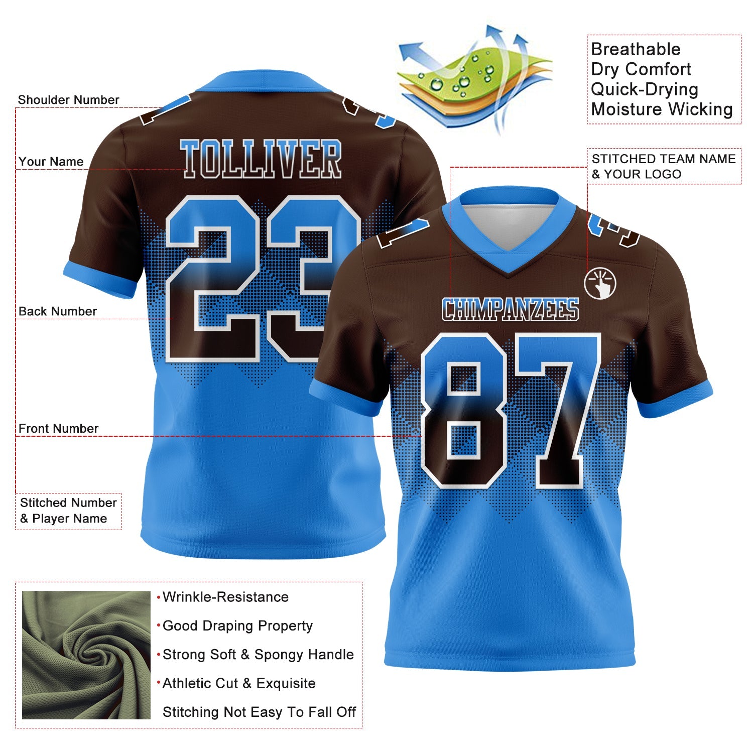 Custom Brown Powder Blue-White Authentic Gradient Square Shape 7V7 Flag Football Jersey