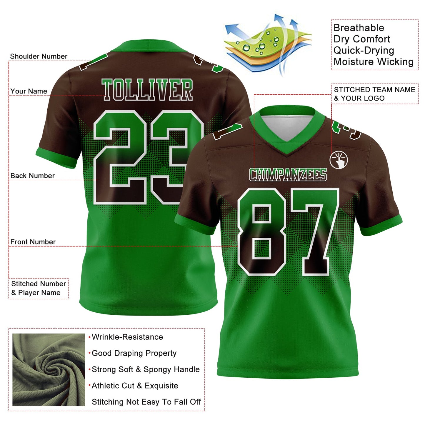 Custom Brown Grass Green-White Authentic Gradient Square Shape 7V7 Flag Football Jersey