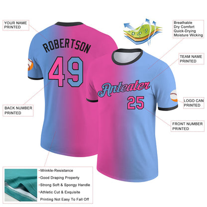 Custom Light Blue Pink-Black Gradient Fashion Performance T-Shirt