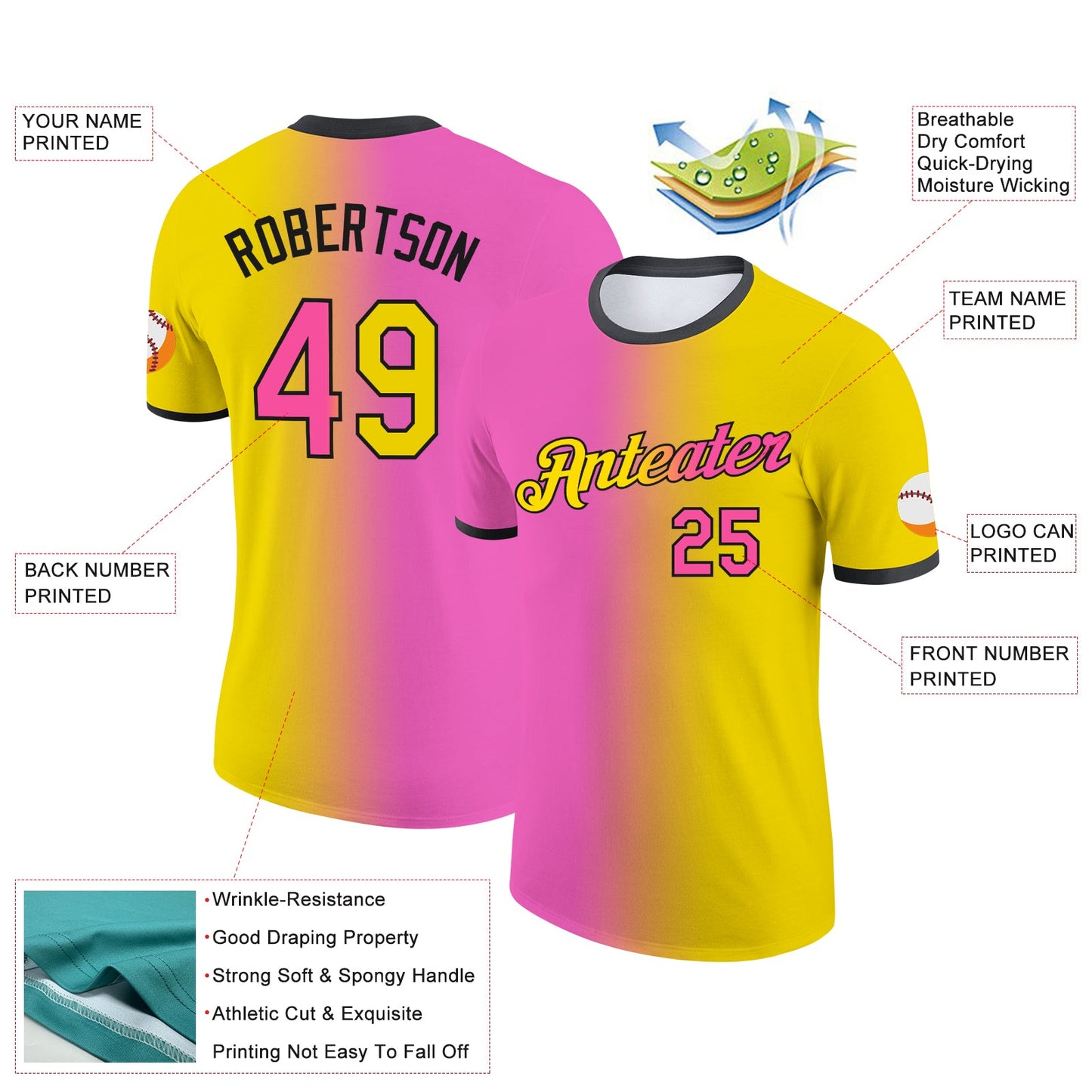 Custom Yellow Pink-Black Gradient Fashion Performance T-Shirt