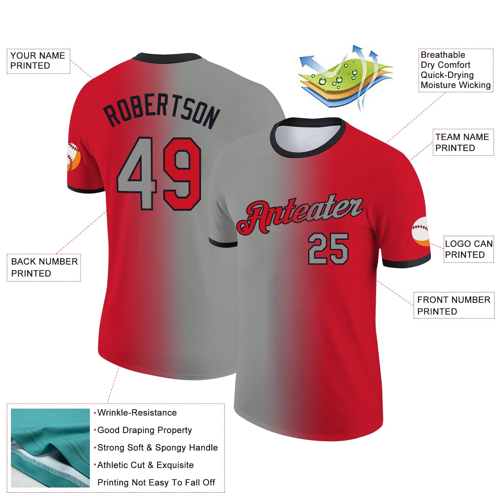 Custom Red Gray-Black Gradient Fashion Performance T-Shirt