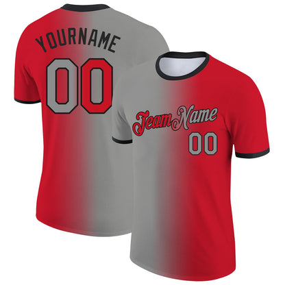 Custom Red Gray-Black Gradient Fashion Performance T-Shirt