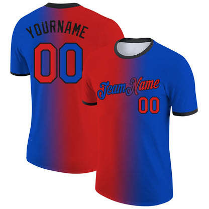 Custom Thunder Blue Red-Black Gradient Fashion Performance T-Shirt