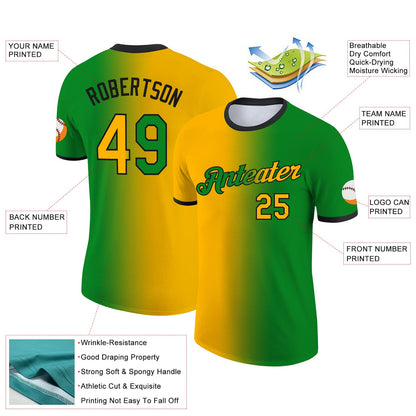 Custom Grass Green Gold-Black Gradient Fashion Performance T-Shirt