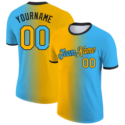 Custom Sky Blue Gold-Black Gradient Fashion Performance T-Shirt